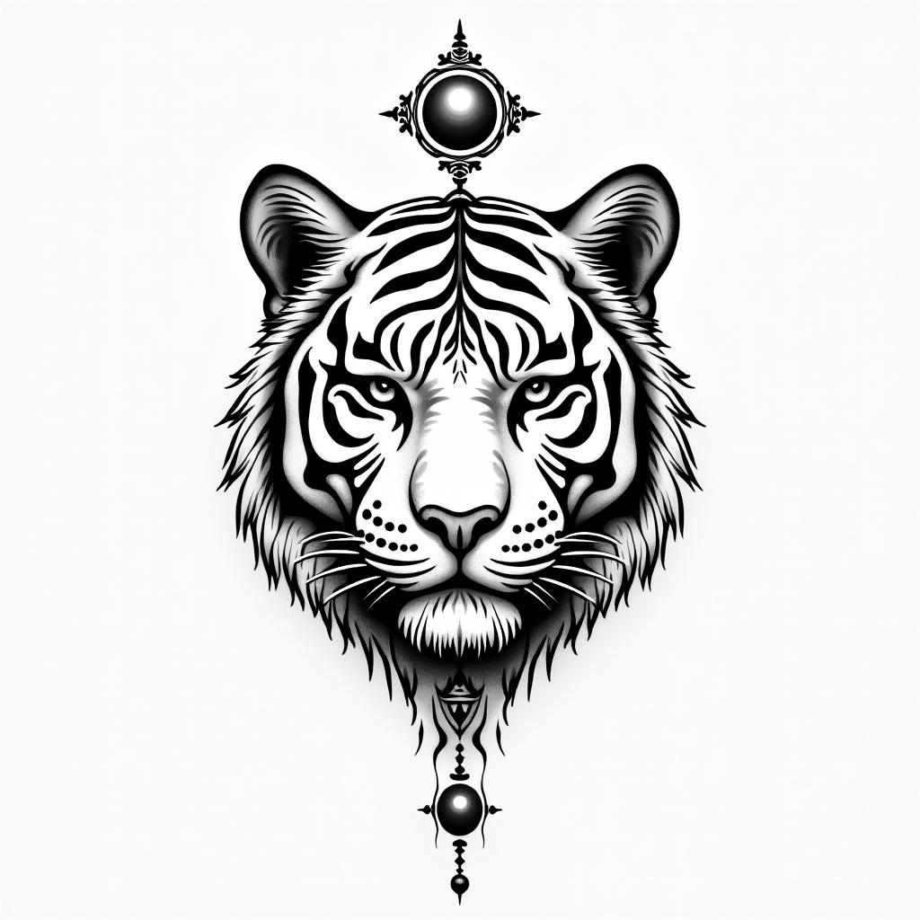 Tear of the tiger + cancerin spiritual symbols tattoo style, featuring an intricate design incorporating elements, Hamsa hand, third eye, minimalist composition - Variation 2
