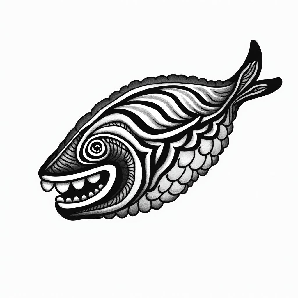 Smiling small sushiin tribal tattoo style, featuring bold and black geometric shapes, curved lines, intertwine and flow seamlessly, creating a powerful and symbolic design, polynesian and maori styles - Variation 2