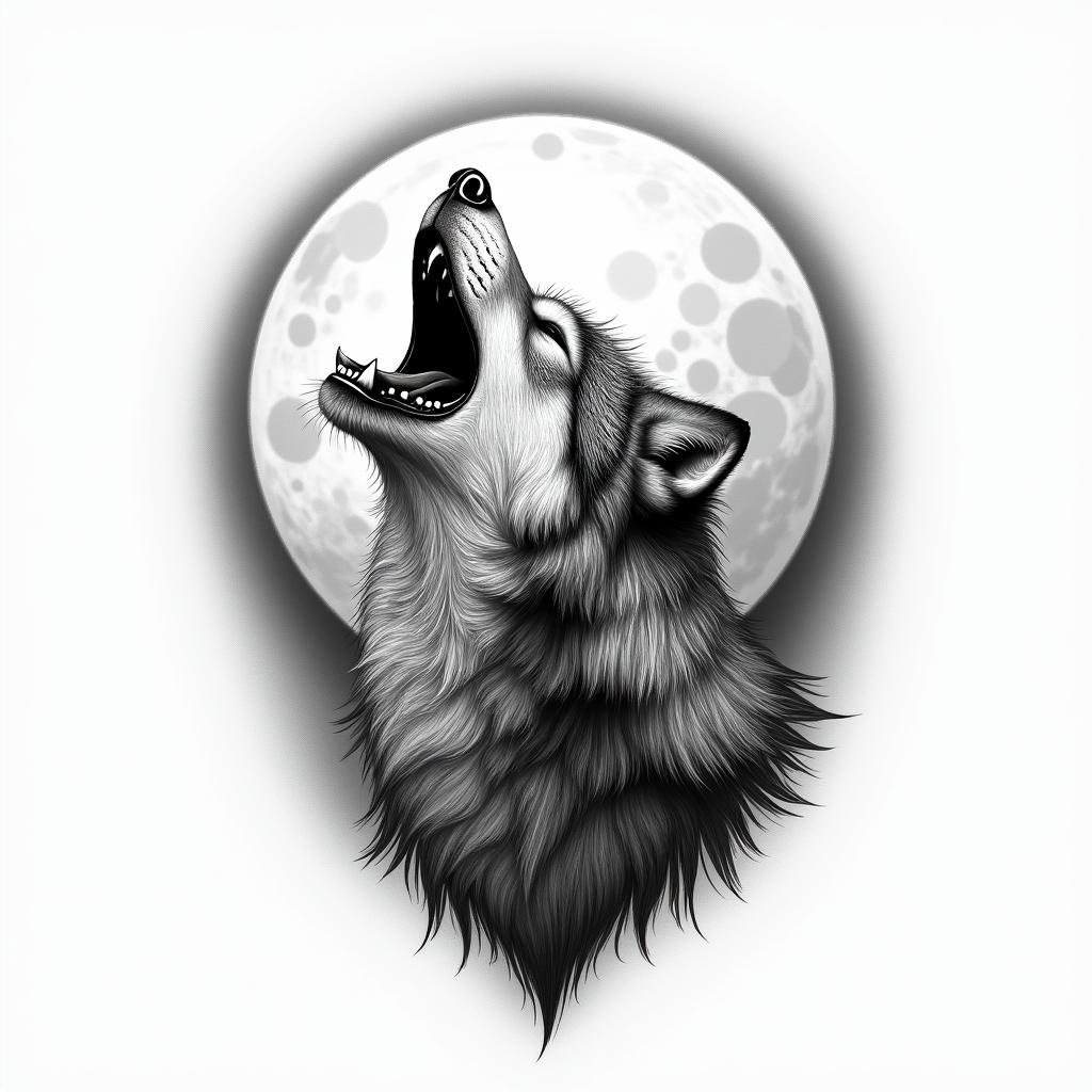 Howling wolf under a full moonhigly detailed tattoo - Variation 27