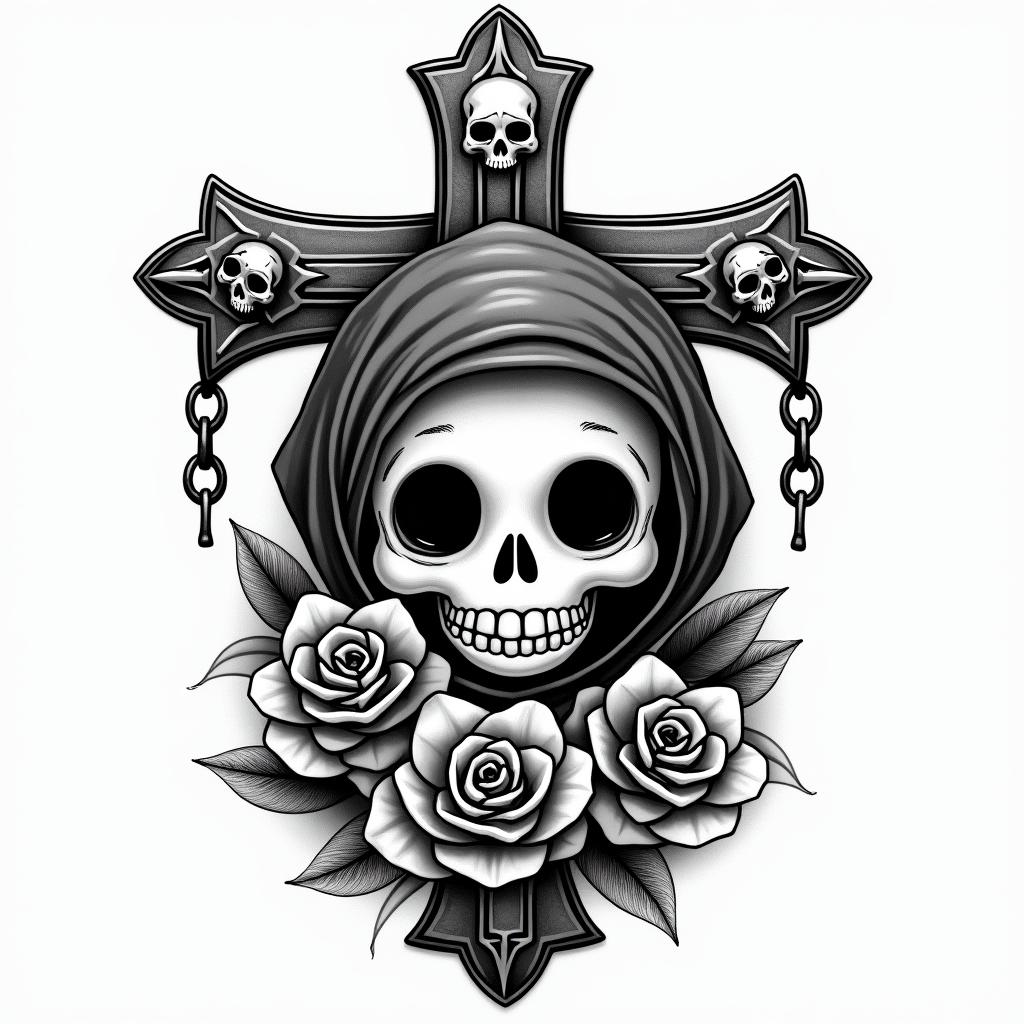 Smiling little sushiin chicano style tattoo, featuring intricate black and grey shading, bold elements of traditional chicano culture symbols, add a big cross with skull, chains and roses - Variation 3