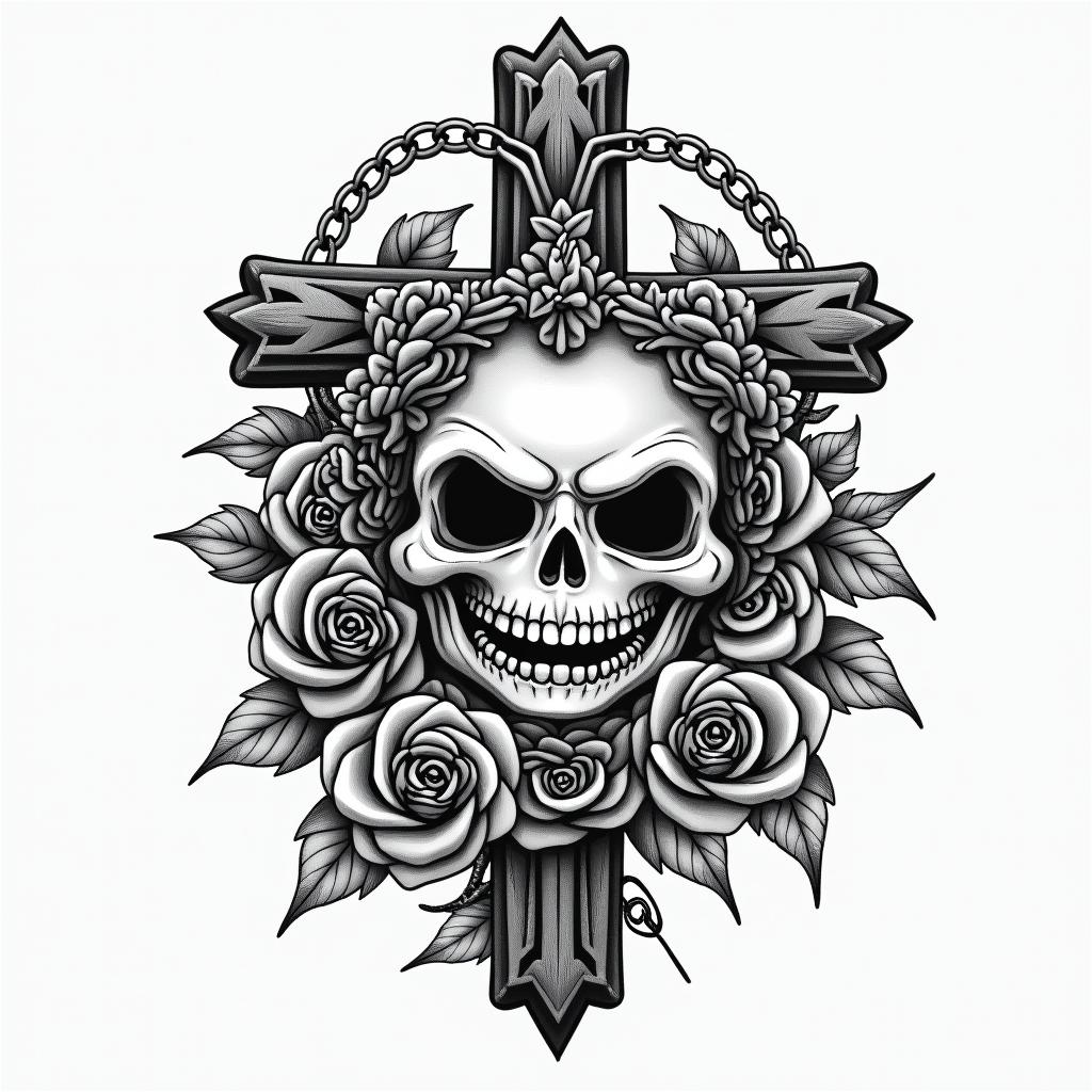 Smiling little sushiin chicano style tattoo, featuring intricate black and grey shading, bold elements of traditional chicano culture symbols, add a big cross with skull, chains and roses