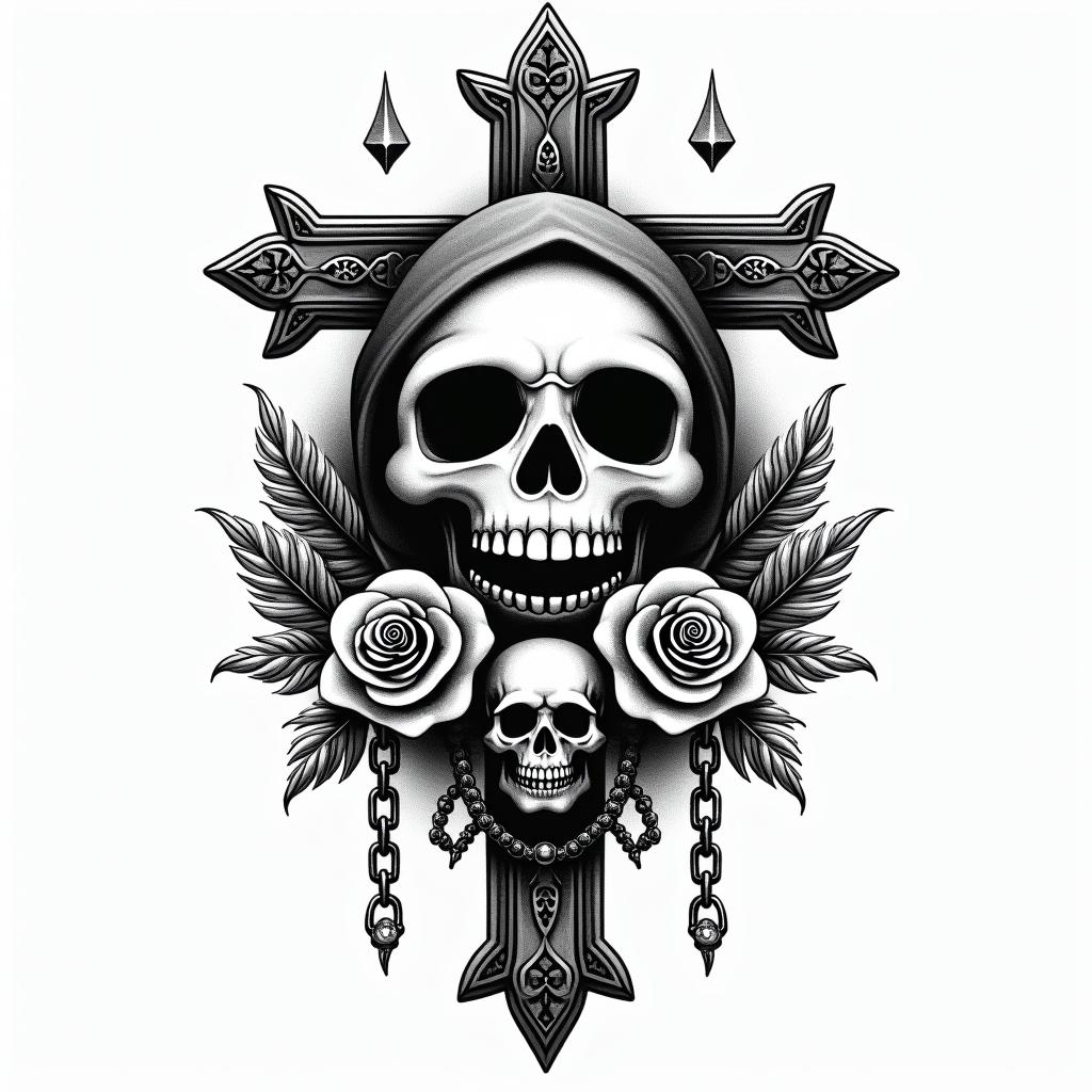 Smiling little sushiin chicano style tattoo, featuring intricate black and grey shading, bold elements of traditional chicano culture symbols, add a big cross with skull, chains and roses - Variation 4