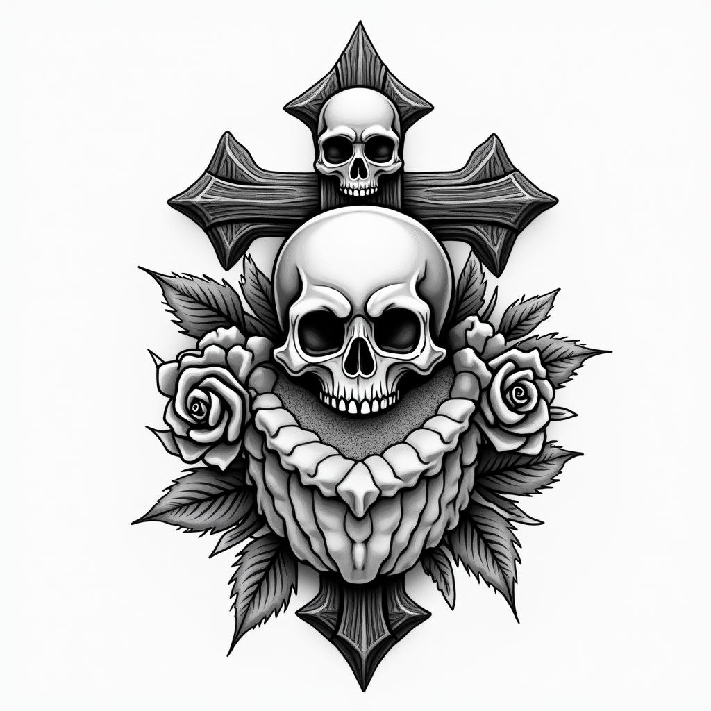 Smiling little sushiin chicano style tattoo, featuring intricate black and grey shading, bold elements of traditional chicano culture symbols, add a big cross with skull, chains and roses - Variation 2