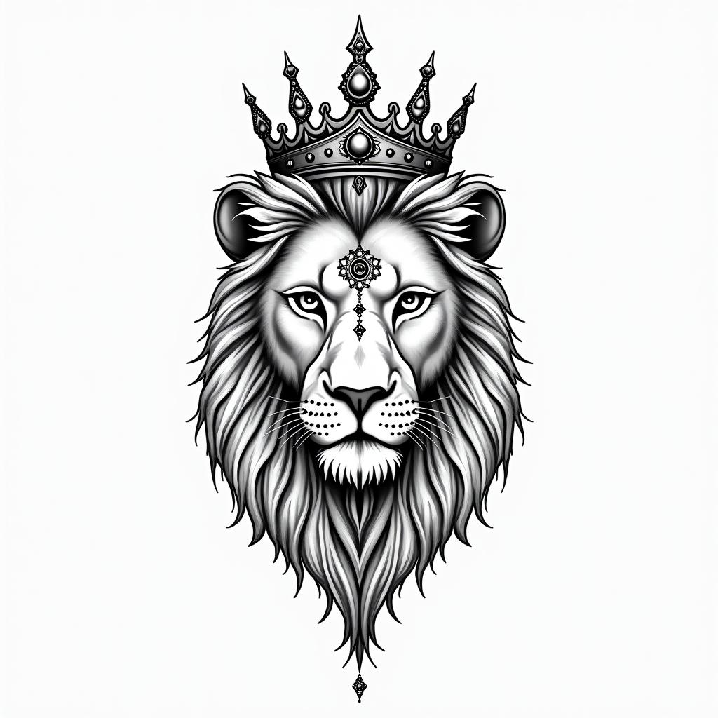 Lioness with crown on headin spiritual symbols tattoo style, featuring an intricate design incorporating elements, Hamsa hand, third eye, minimalist composition - Variation 4