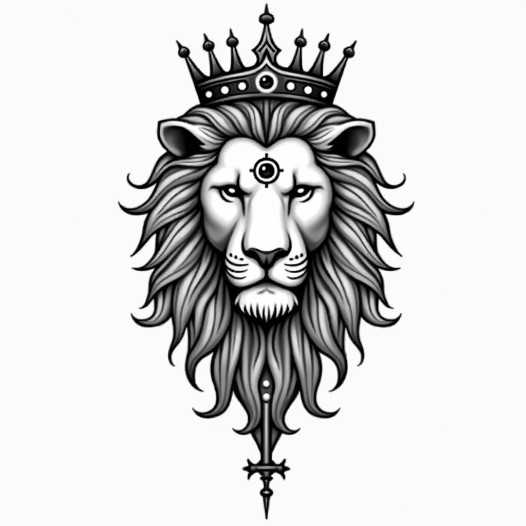 Lioness with crown on headin spiritual symbols tattoo style, featuring an intricate design incorporating elements, Hamsa hand, third eye, minimalist composition - Variation 2