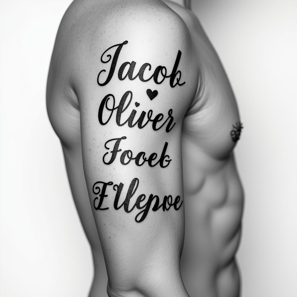 Jacob, Oliver, Penelope writingin elegant cursive calligraphy style 2d tattoo, decorate with roses, featuring a smooth and flowing handwritten script with slightly thickened strokes for a luxurious and bold appearance,  heart symbol between names,  sleek and glossy black text with shadowing, minimalist matte white background, clean and sharp edges, illuminated with soft lighting, romantic, 8k, high-quality textures with refined typography - Variation 3