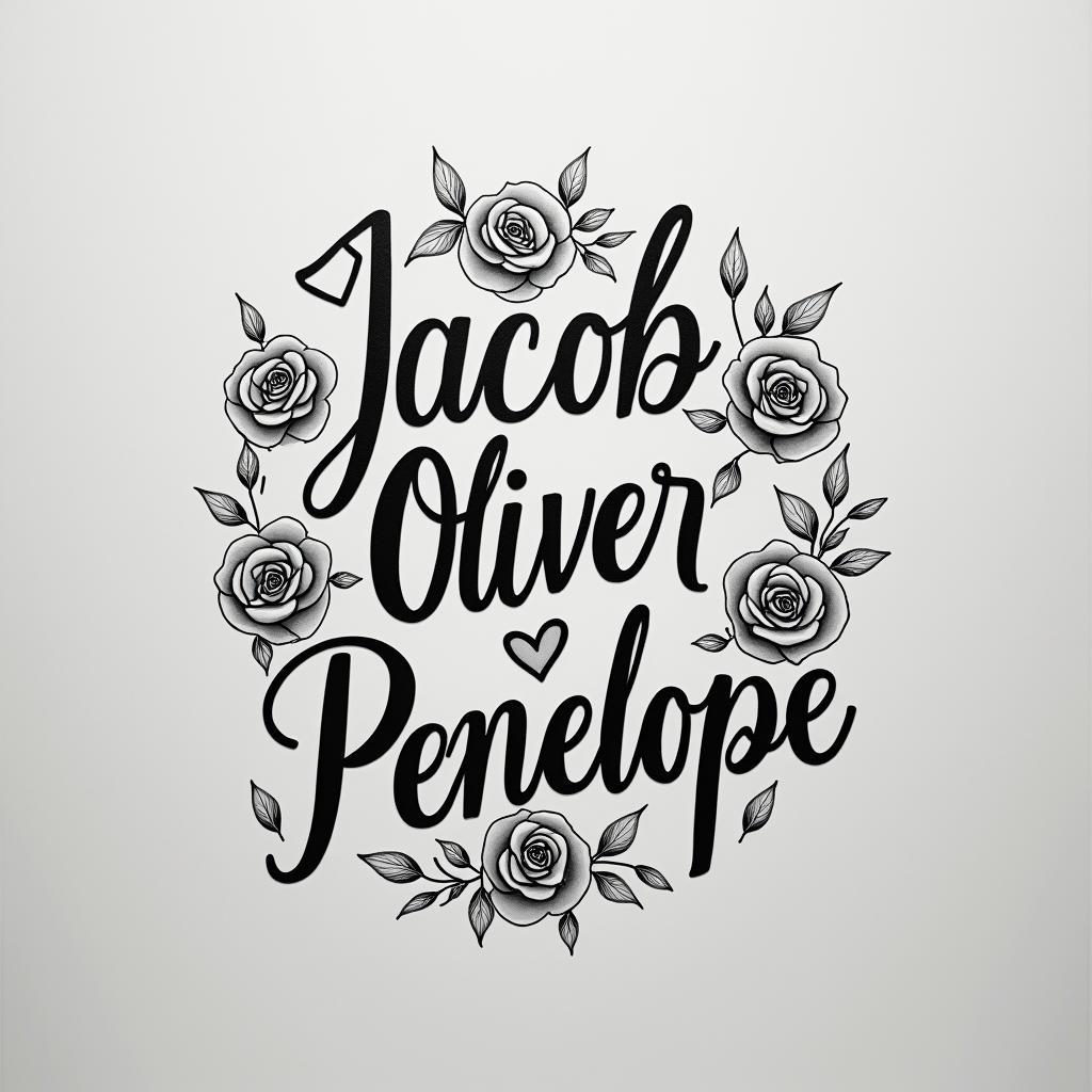 Jacob, Oliver, Penelope writingin elegant cursive calligraphy style 2d tattoo, decorate with roses, featuring a smooth and flowing handwritten script with slightly thickened strokes for a luxurious and bold appearance,  heart symbol between names,  sleek and glossy black text with shadowing, minimalist matte white background, clean and sharp edges, illuminated with soft lighting, romantic, 8k, high-quality textures with refined typography - Variation 4