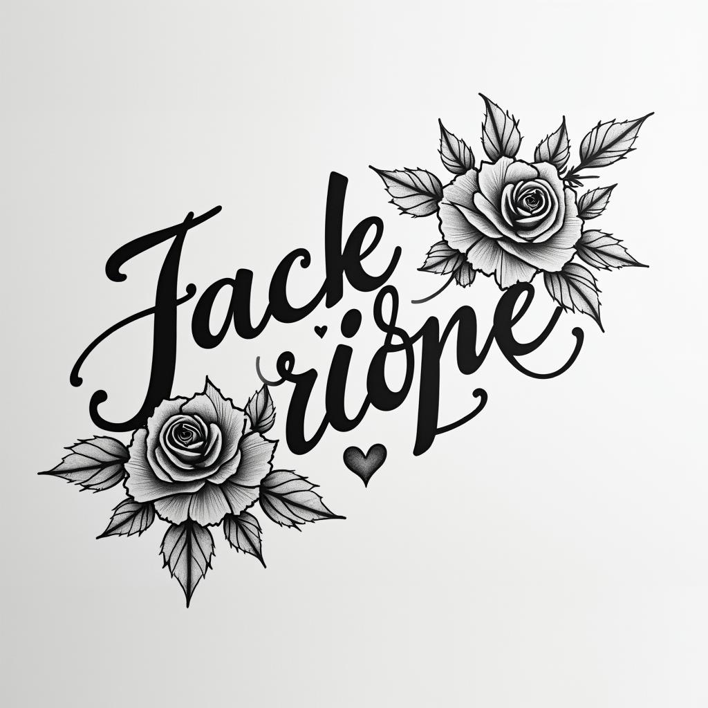 Jacob, Oliver, Penelope writingin elegant cursive calligraphy style 2d tattoo, decorate with roses, featuring a smooth and flowing handwritten script with slightly thickened strokes for a luxurious and bold appearance,  heart symbol between names,  sleek and glossy black text with shadowing, minimalist matte white background, clean and sharp edges, illuminated with soft lighting, romantic, 8k, high-quality textures with refined typography - Variation 2