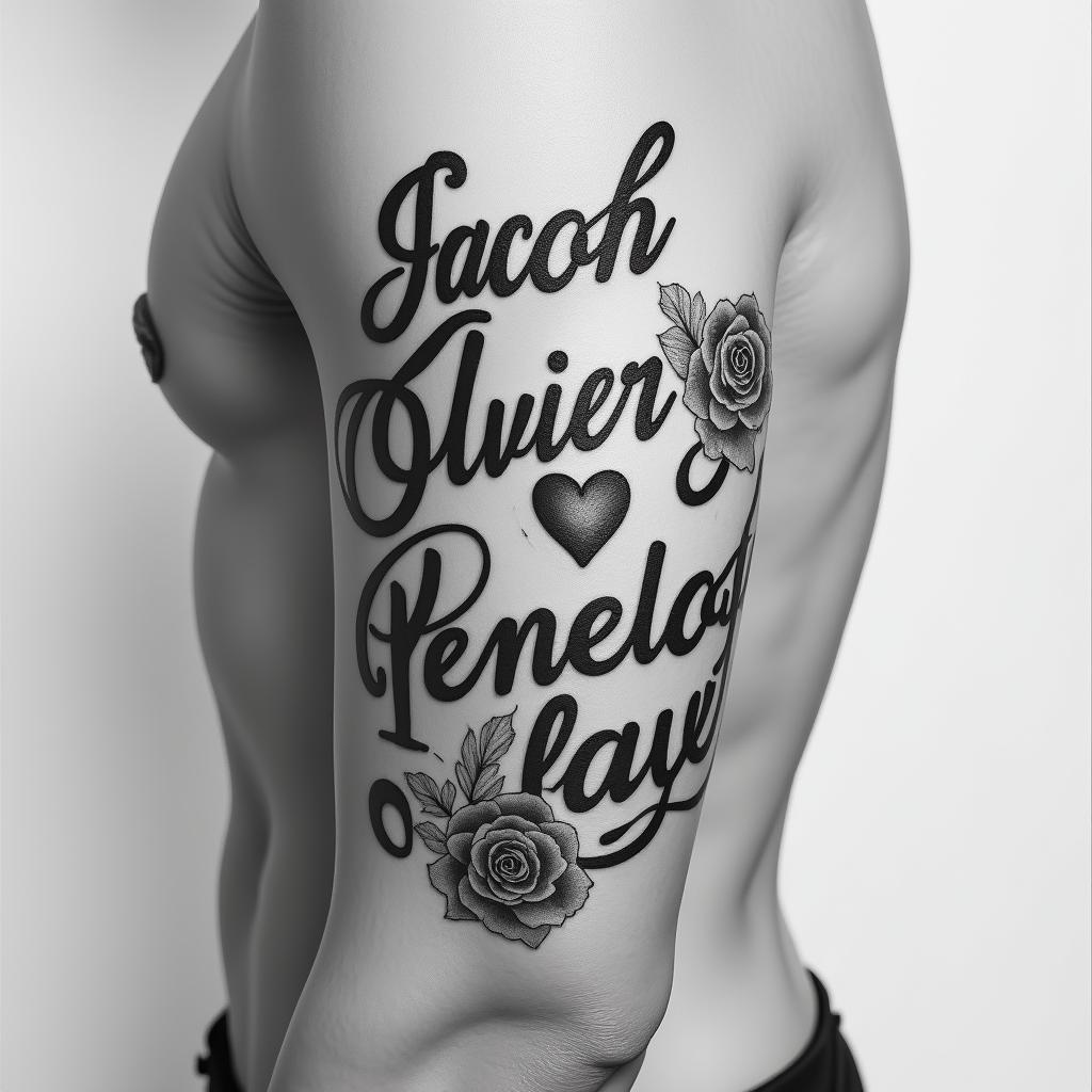 Jacob, Oliver, Penelope writingin elegant cursive calligraphy style 2d tattoo, decorate with roses, featuring a smooth and flowing handwritten script with slightly thickened strokes for a luxurious and bold appearance, heart symbol between names, sleek and glossy black text with shadowing, minimalist matte white background, clean and sharp edges, illuminated with soft lighting, romantic, 8k, high-quality textures with refined typography