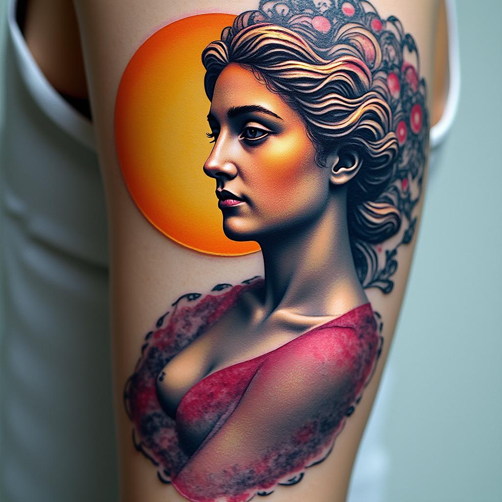 Sun and moon intertwined, shiningin distorted and fragmented tattoo design, featuring a classical statue bust, in a glitch art style with vibrant, overlapping colors of cyan, magenta, and yellow, creating a digital distortion effect - Variation 8