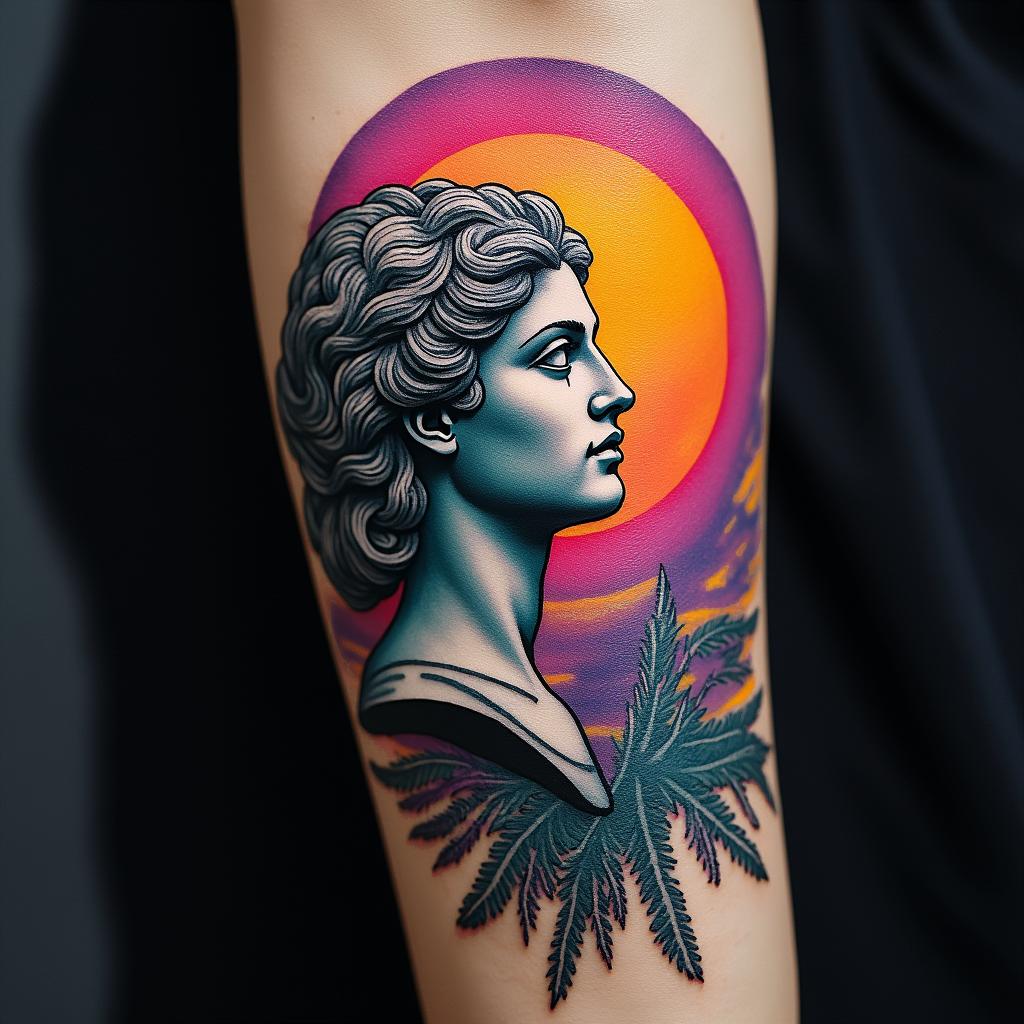 Sun and moon intertwined, shiningin distorted and fragmented tattoo design, featuring a classical statue bust, in a glitch art style with vibrant, overlapping colors of cyan, magenta, and yellow, creating a digital distortion effect - Variation 7