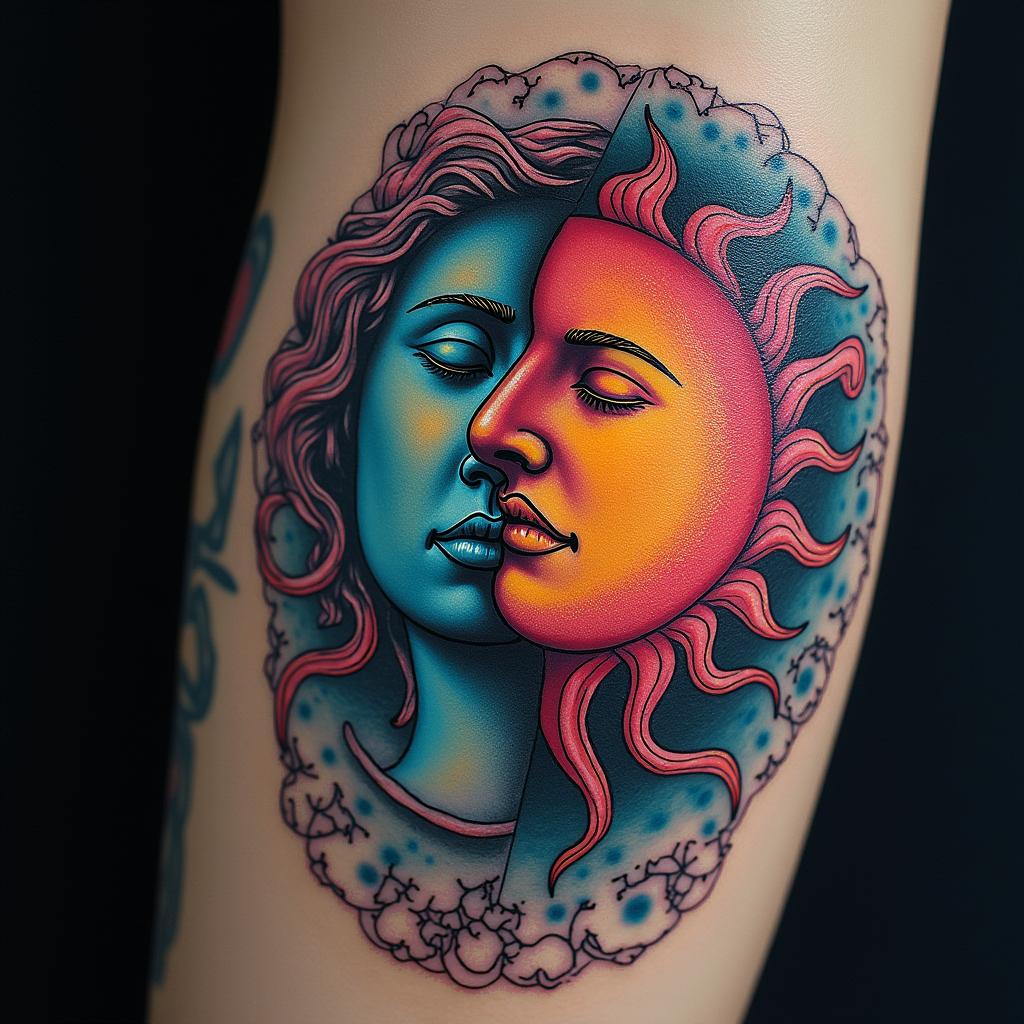 Sun and moon intertwined, shiningin distorted and fragmented tattoo design, featuring a classical statue bust, in a glitch art style with vibrant, overlapping colors of cyan, magenta, and yellow, creating a digital distortion effect - Variation 9