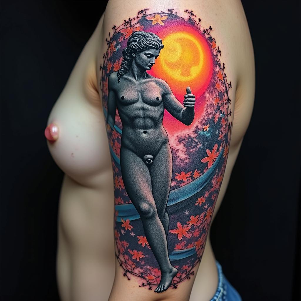 Sun and moon intertwined, shiningin distorted and fragmented tattoo design, featuring a classical statue bust, in a glitch art style with vibrant, overlapping colors of cyan, magenta, and yellow, creating a digital distortion effect - Variation 6