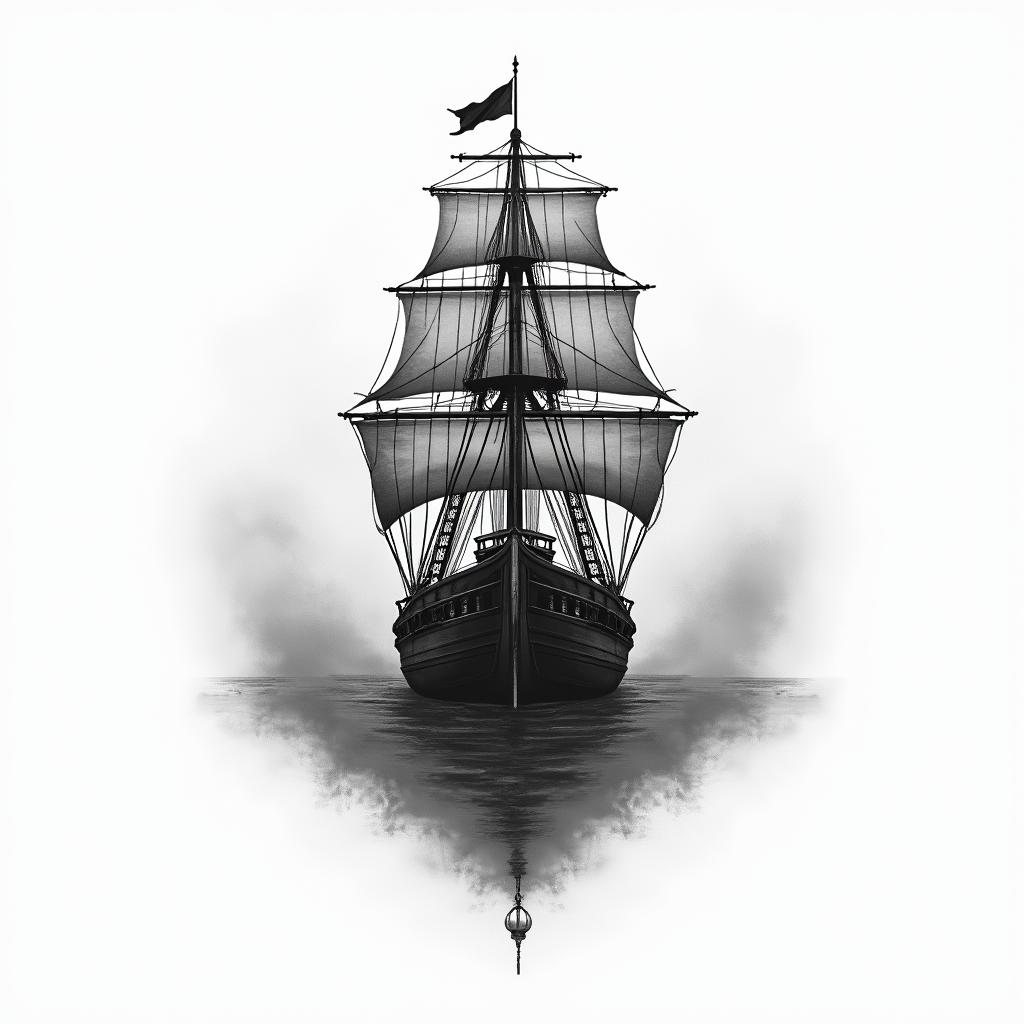 A front facing ship with a inky, misty surroundin 8-bit tattoo style, minimalistic pixel style tattoo, pixel art with simplified shapes and retro gaming visuals, inspired by 8-bit pixel based detailing