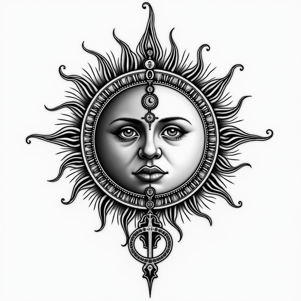 Sun and moon intertwined, glowingin paganic style tattoo, featuring ancient symbols, add vegvisir symbol, mystical figures, incorporating designs, pentagrams, runes, crescent moons,