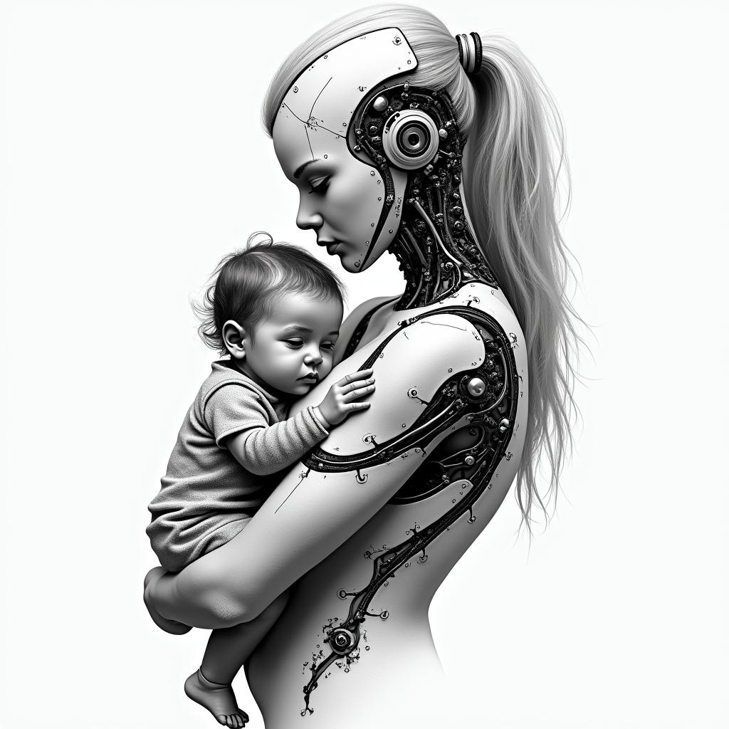Mother with a little girl and a babytattoo in biomechanic style, the tattoo covered by robotic elements of futuristic cyberpunk design, robotic features detail, showcasing intricate mechanical components - Variation 3