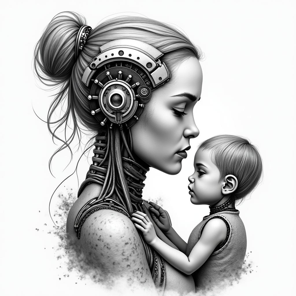 Mother with a little girl and a babytattoo in biomechanic style, the tattoo covered by robotic elements of futuristic cyberpunk design, robotic features detail, showcasing intricate mechanical components - Variation 4