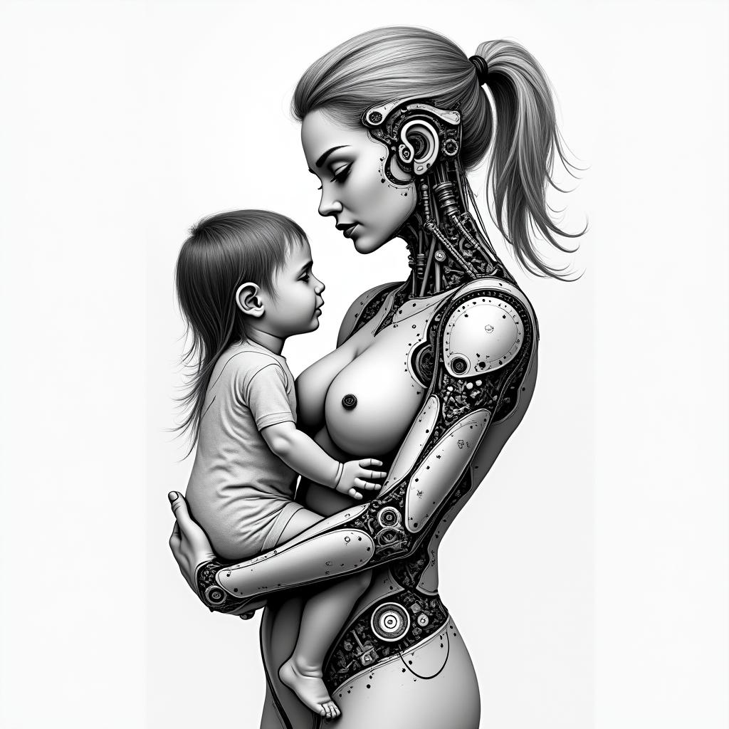 Mother with a little girl and a babytattoo in biomechanic style, the tattoo covered by robotic elements of futuristic cyberpunk design, robotic features detail, showcasing intricate mechanical components