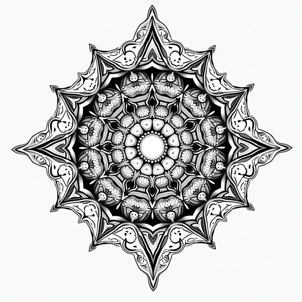 Make a sleeve of Exact picture of Jupiter's gaseous surfacein dotwork style tattoo, complex mandala patterns, interlocking geometric shapes with sharp symmetry, clean lines, sharp angles