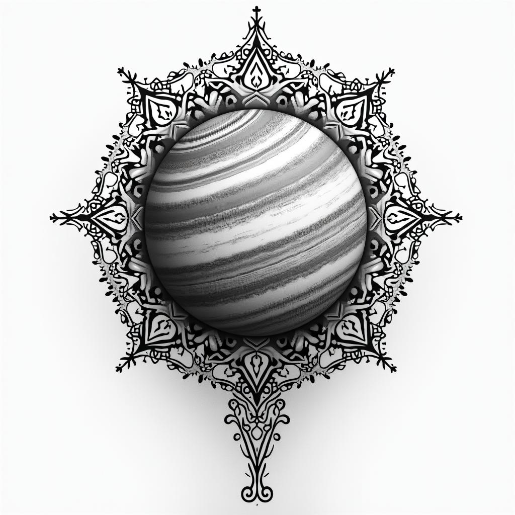 Make a sleeve of Exact picture of Jupiter's gaseous surfacein dotwork style tattoo, complex mandala patterns, interlocking geometric shapes with sharp symmetry, clean lines, sharp angles - Variation 2