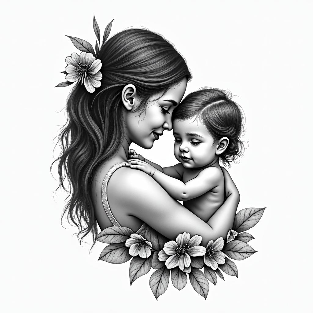 Mother with a little girl and a babyin bohemian style tattoo, 8k - Variation 7