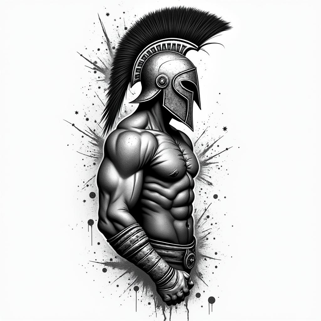 Sleeve of a spartan fightingin graffiti style tattoo, featuring bold and dynamic street art elements, spray-paint texture with exaggerated lines and expressive, chaotic brushstrokes, intricate lettering incorporated with graffiti tags, symbols like hearts, stars, and wings - Variation 3