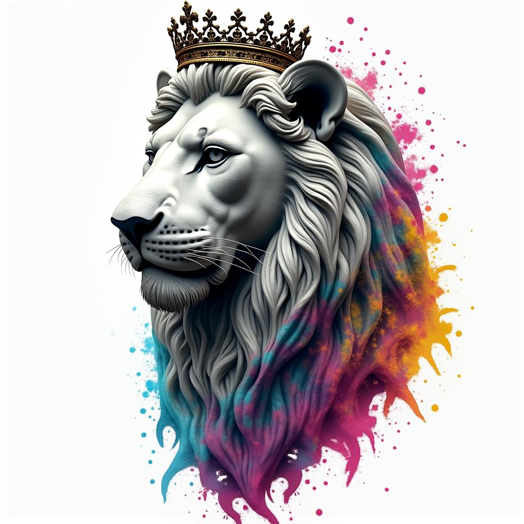 Beautiful lioness with royal crownin distorted and fragmented tattoo design, featuring a classical statue bust, in a glitch art style with vibrant, overlapping colors of cyan, magenta, and yellow, creating a digital distortion effect - Variation 1
