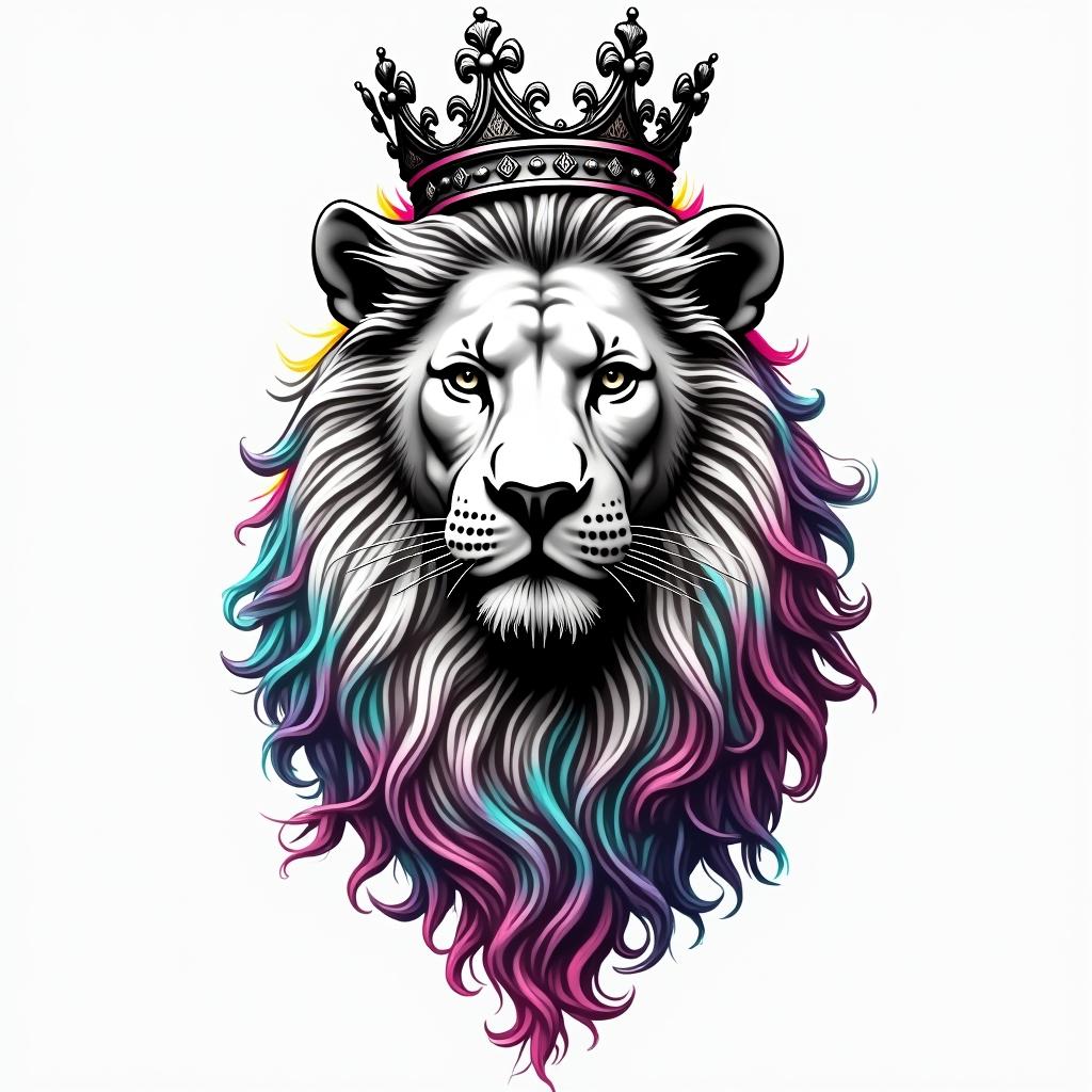 Beautiful lioness with royal crownin distorted and fragmented tattoo design, featuring a classical statue bust, in a glitch art style with vibrant, overlapping colors of cyan, magenta, and yellow, creating a digital distortion effect - Variation 4