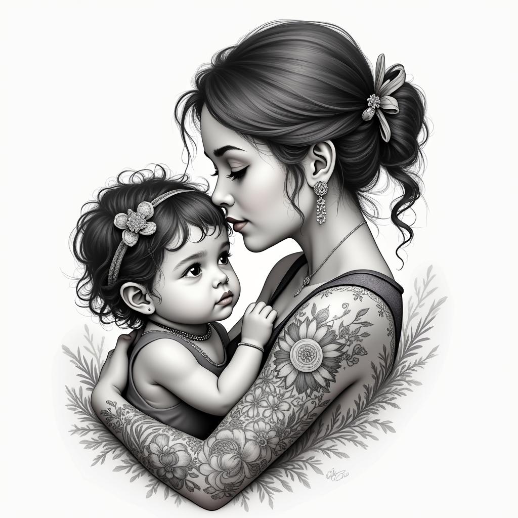 Mother with a little girl and a babyin bohemian style tattoo, 8k - Variation 4