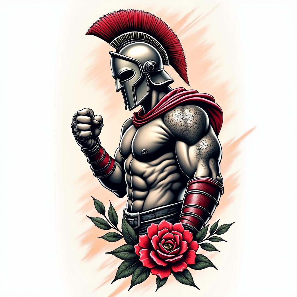 Sleeve of a spartan fightingin pop art style tattoo, featuring bold and vibrant colors, exaggerated outlines, iconic imagery, inspired by comic books and speech bubbles, comic book characters, retro pop culture - Variation 2