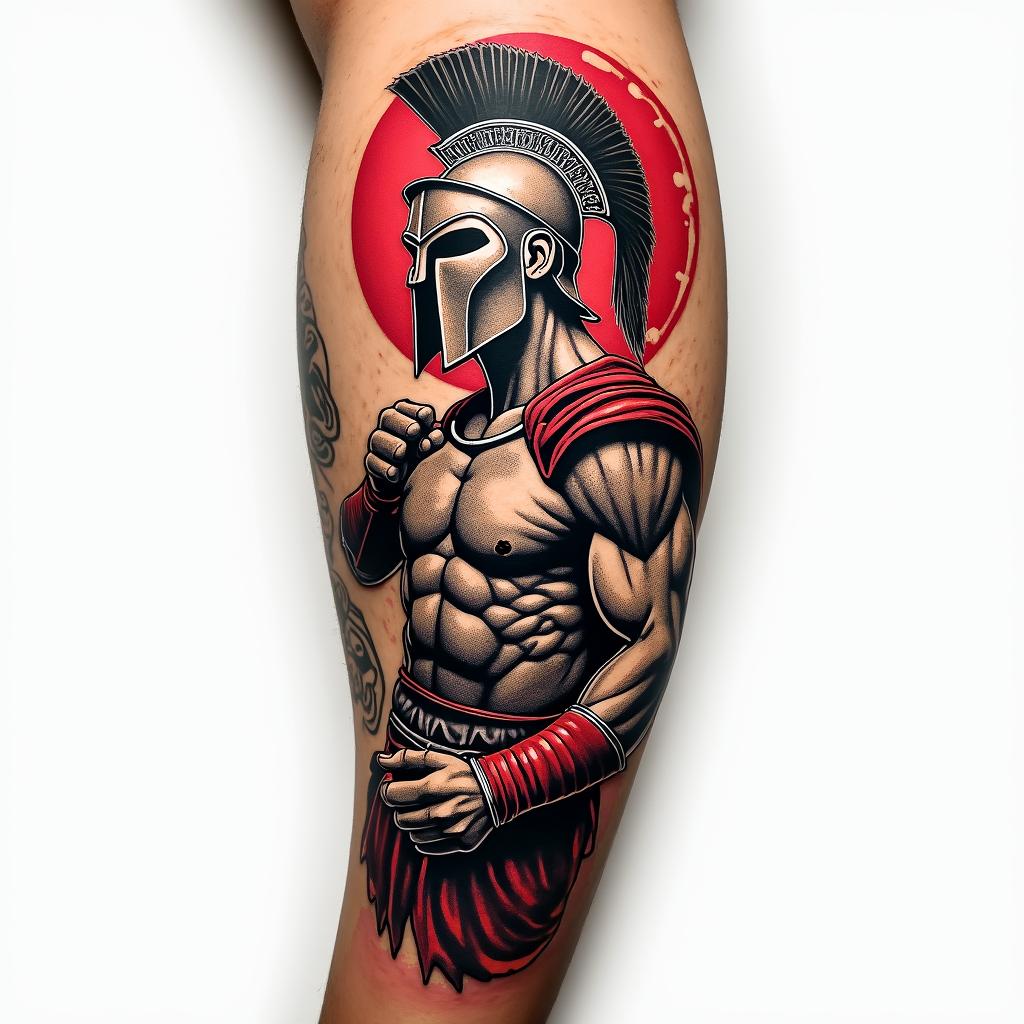 Sleeve of a spartan fightingin pop art style tattoo, featuring bold and vibrant colors, exaggerated outlines, iconic imagery, inspired by comic books and speech bubbles, comic book characters, retro pop culture - Variation 3