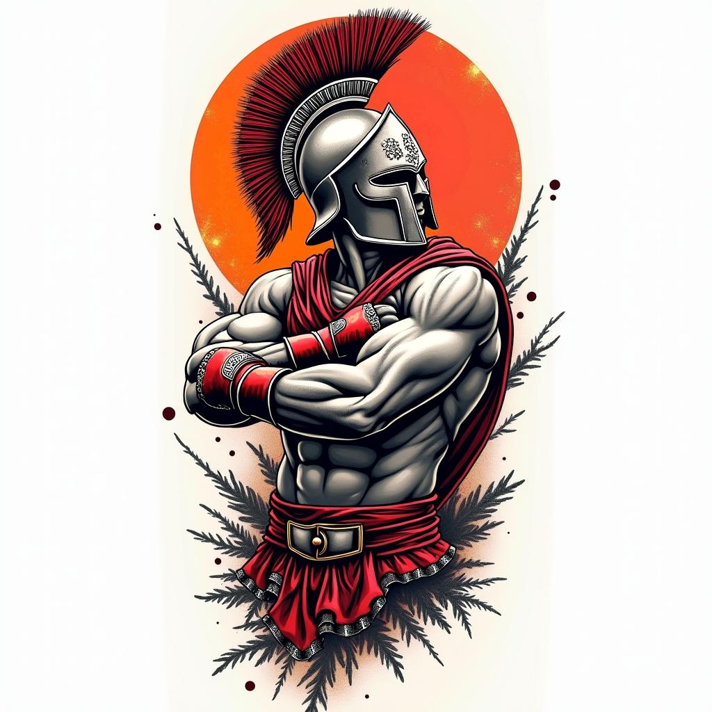 Sleeve of a spartan fightingin pop art style tattoo, featuring bold and vibrant colors, exaggerated outlines, iconic imagery, inspired by comic books and speech bubbles, comic book characters, retro pop culture - Variation 4