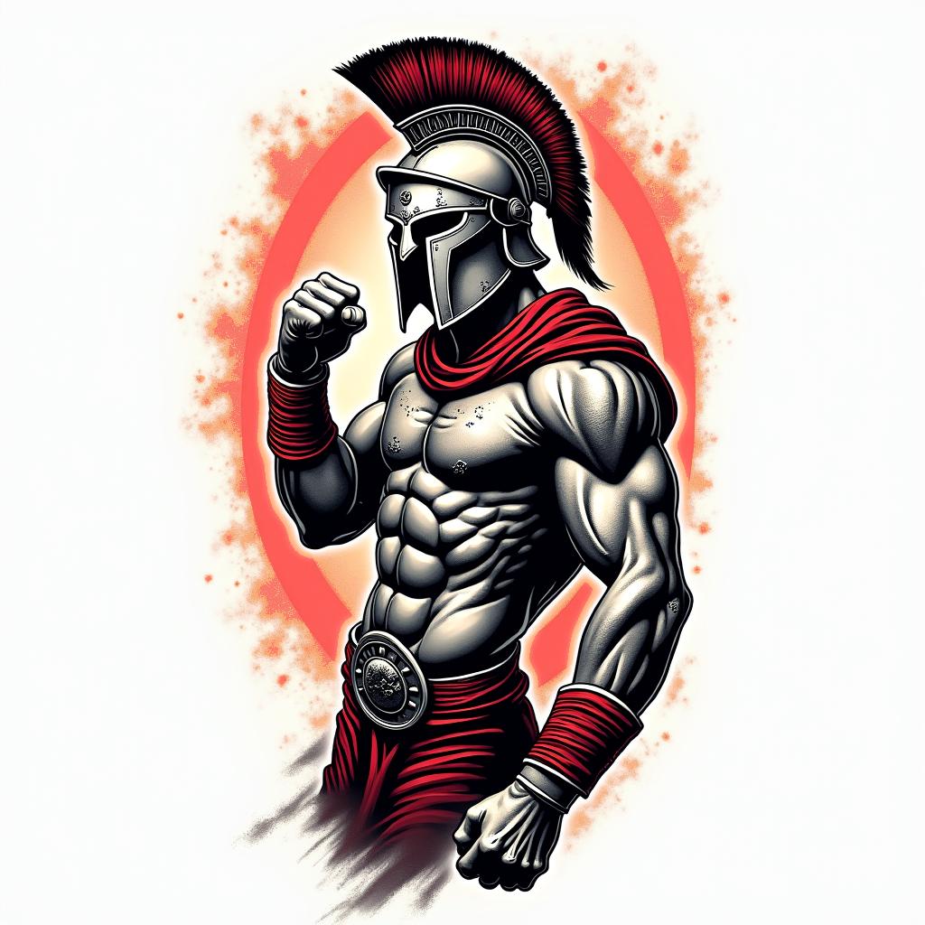 Sleeve of a spartan fightingin pop art style tattoo, featuring bold and vibrant colors, exaggerated outlines, iconic imagery, inspired by comic books and speech bubbles, comic book characters, retro pop culture