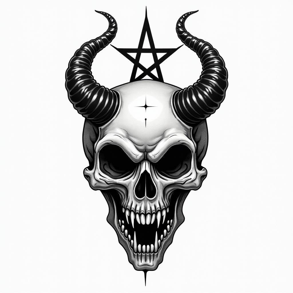 Cute and deadlycreepy horror tattoo style, featuring an eerie and unsettling skull of a demonic creature, distorted face with sharp fangs, add pentagram symbol - Variation 3