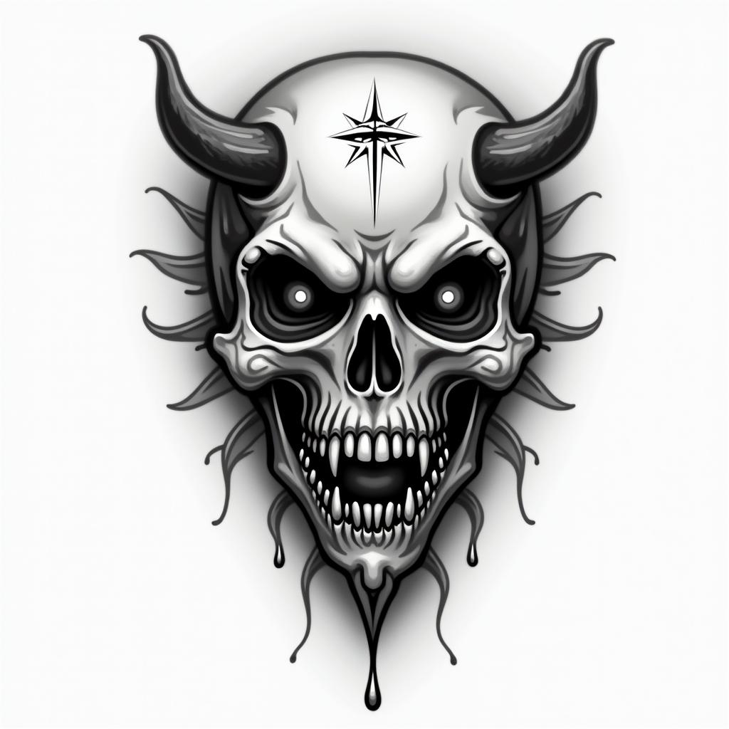 Cute and deadlycreepy horror tattoo style, featuring an eerie and unsettling skull of a demonic creature, distorted face with sharp fangs, add pentagram symbol - Variation 4
