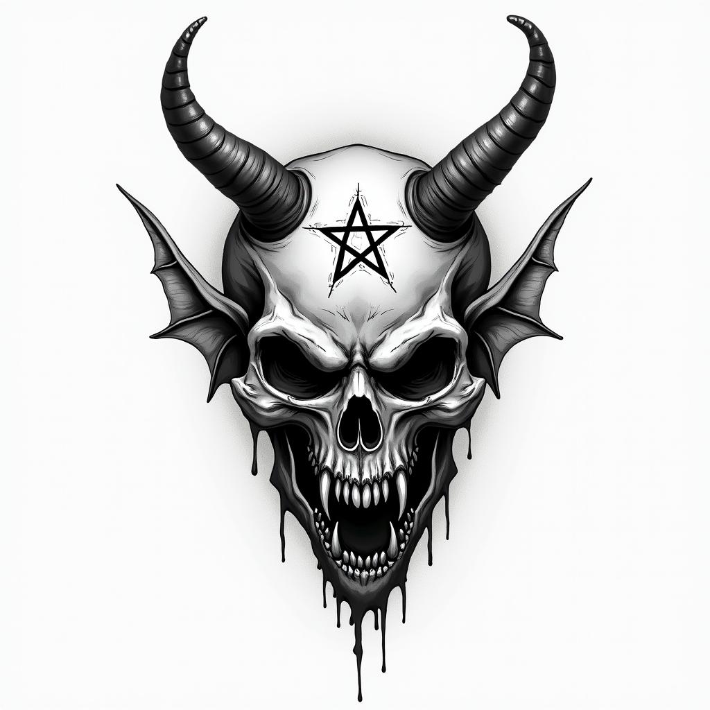 Cute and deadlycreepy horror tattoo style, featuring an eerie and unsettling skull of a demonic creature, distorted face with sharp fangs, add pentagram symbol - Variation 2