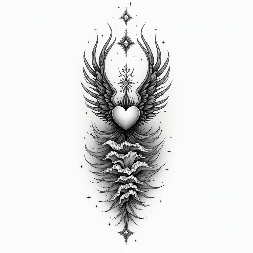 King of darknessin Modest style tattoo, featuring soft, delicate line work with simple and meaningful symbols, gentle waves, a heart, evoking a sense of serenity and grace, - Variation 1