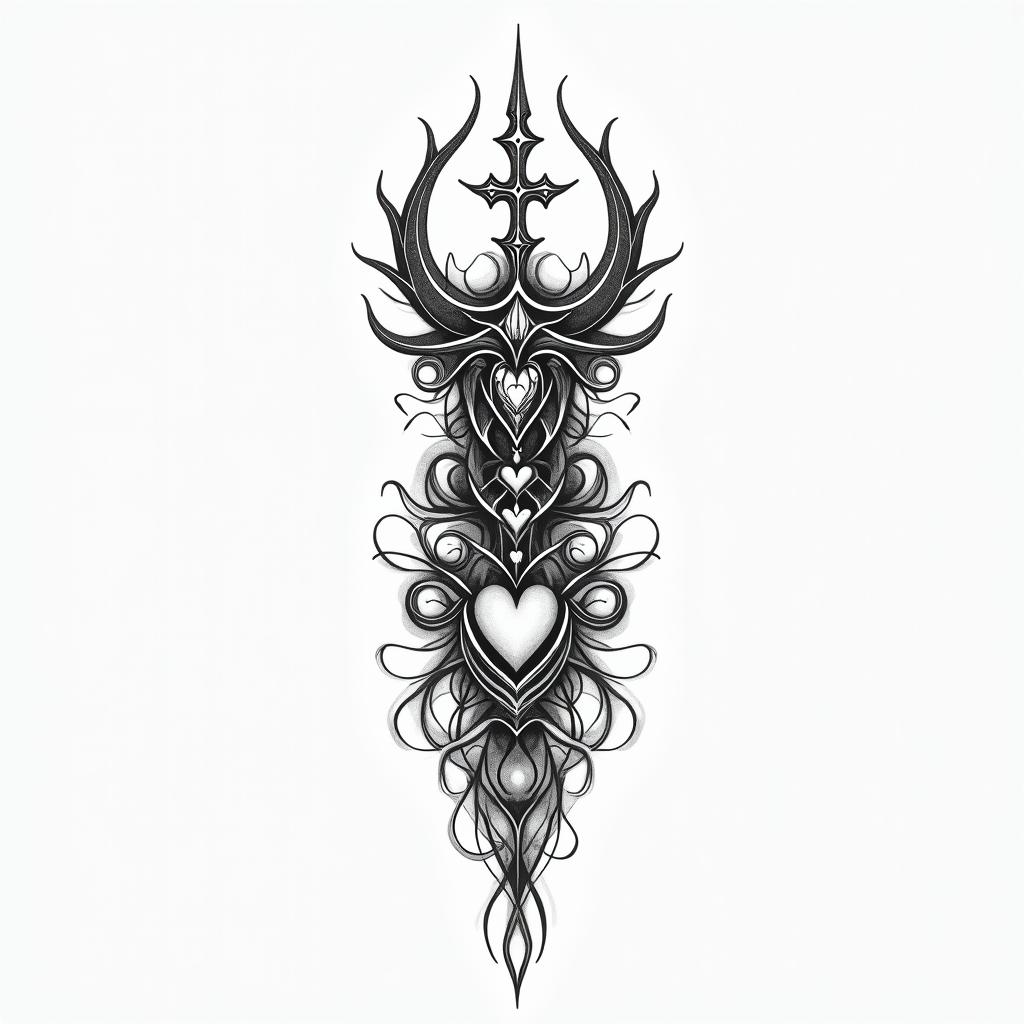 King of darknessin Modest style tattoo, featuring soft, delicate line work with simple and meaningful symbols, gentle waves, a heart, evoking a sense of serenity and grace, - Variation 2