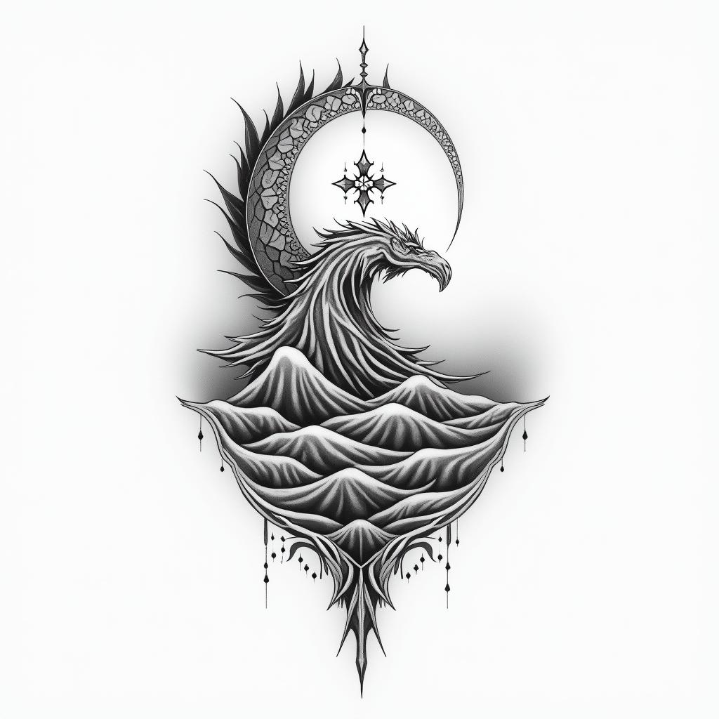 King of darknessin Modest style tattoo, featuring soft, delicate line work with simple and meaningful symbols, gentle waves, a heart, evoking a sense of serenity and grace, - Variation 4