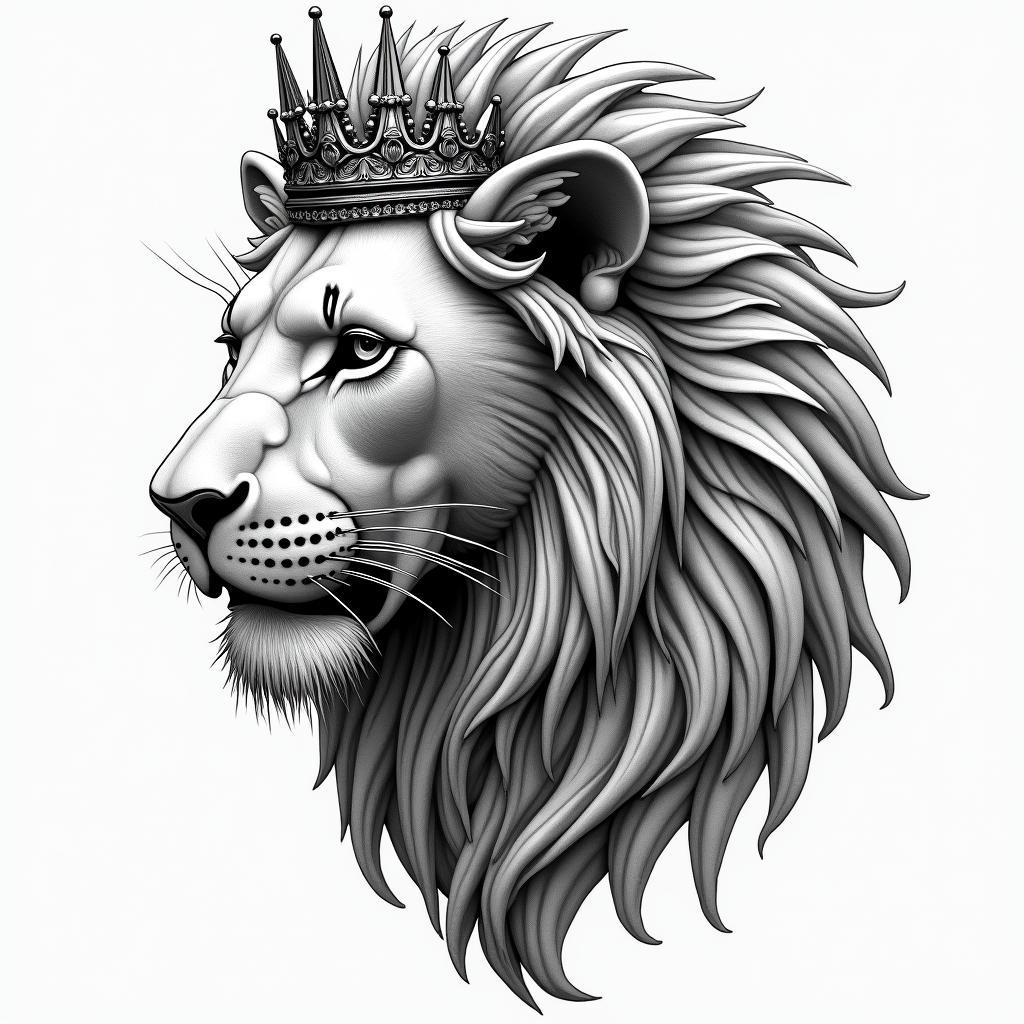 Beautiful lioness with royal crowntattoo in biomechanic style, the tattoo covered by robotic elements of futuristic cyberpunk design, robotic features detail, showcasing intricate mechanical components
