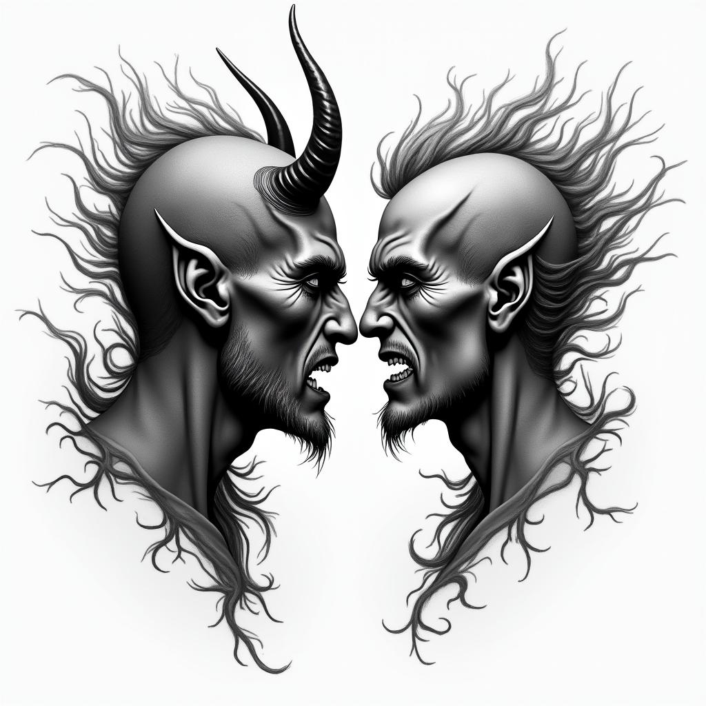 The devil and god raging inside mehigly detailed tattoo - Variation 2