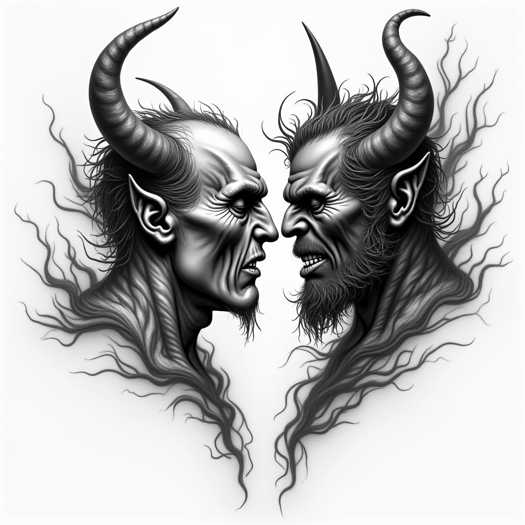 The devil and god raging inside mehigly detailed tattoo - Variation 3