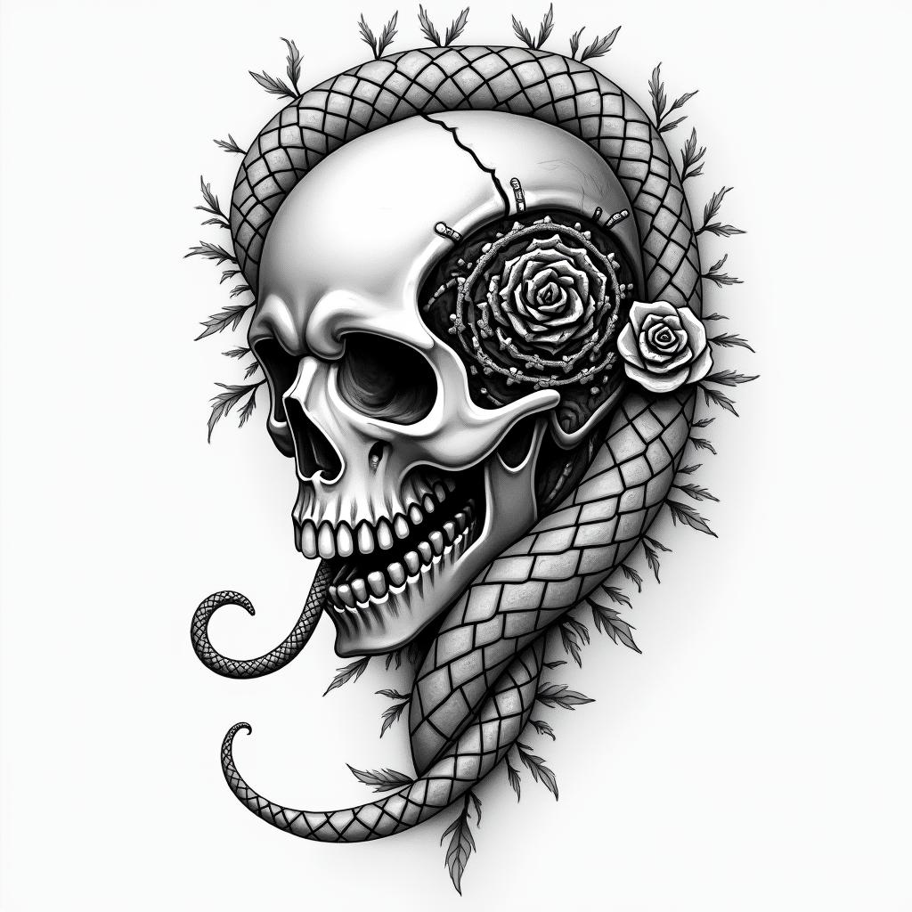 Music skull snake rosetattoo in biomechanic style, the tattoo covered by robotic elements of futuristic cyberpunk design, robotic features detail, showcasing intricate mechanical components - Variation 2