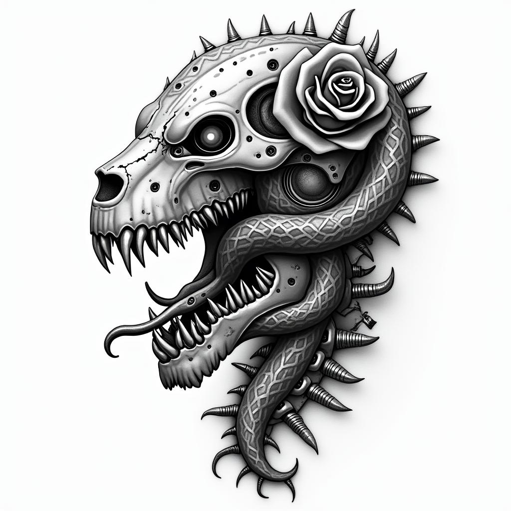 Music skull snake rosetattoo in biomechanic style, the tattoo covered by robotic elements of futuristic cyberpunk design, robotic features detail, showcasing intricate mechanical components - Variation 3