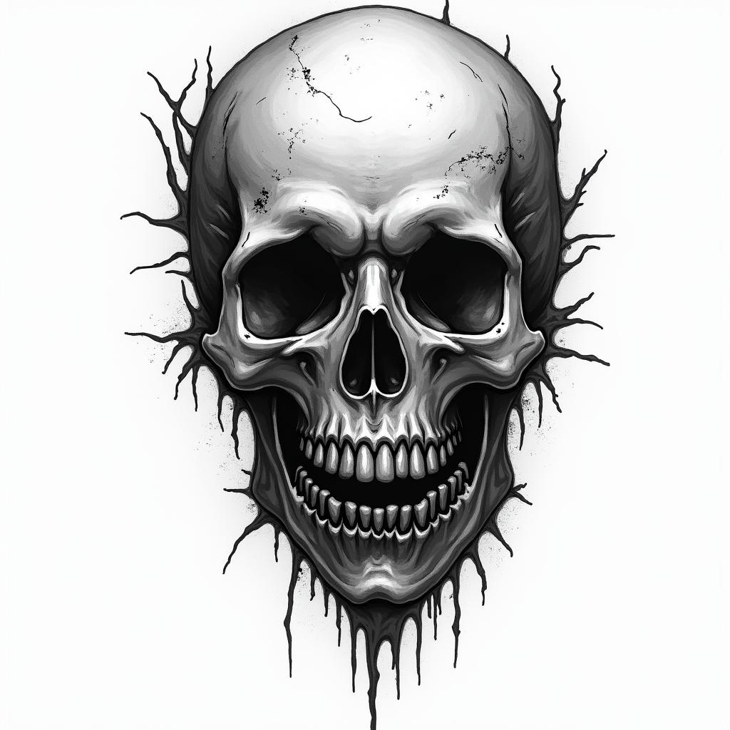 Cute and deadly in horror tattoo style, showcasing haunting and unsettling, dark and gritty textures with skulls, eerie faces, jgged designs, bold and intense shading - Variation 4