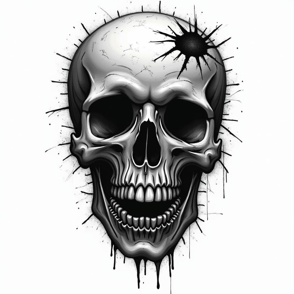 Cute and deadly in horror tattoo style, showcasing haunting and unsettling, dark and gritty textures with skulls, eerie faces, jgged designs, bold and intense shading - Variation 3