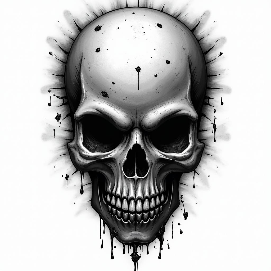 Cute and deadly in horror tattoo style, showcasing haunting and unsettling, dark and gritty textures with skulls, eerie faces, jgged designs, bold and intense shading