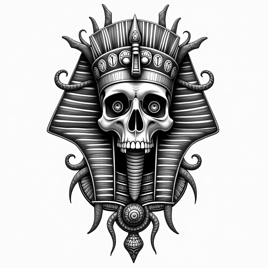 Music skull snake rosein egyptian style tattoo, bold elements of ancient egyptian culture including a portrait of an Egyptian pharaoh with detailed facial features, in hieroglyphs and symbolic imagery, eye of horus, ankh symbol, scarab beetle - Variation 2