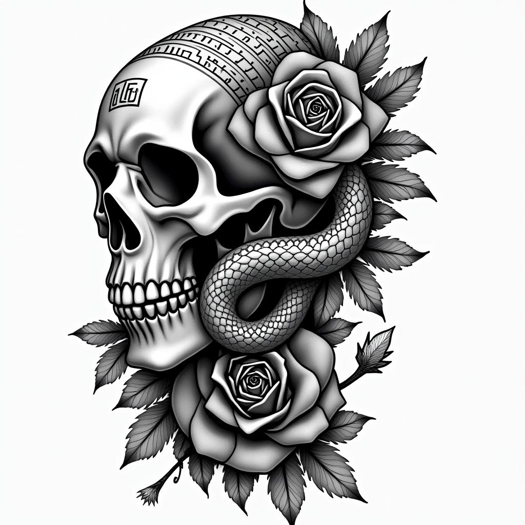 Music skull snake rosein egyptian style tattoo, bold elements of ancient egyptian culture including a portrait of an Egyptian pharaoh with detailed facial features, in hieroglyphs and symbolic imagery, eye of horus, ankh symbol, scarab beetle - Variation 3