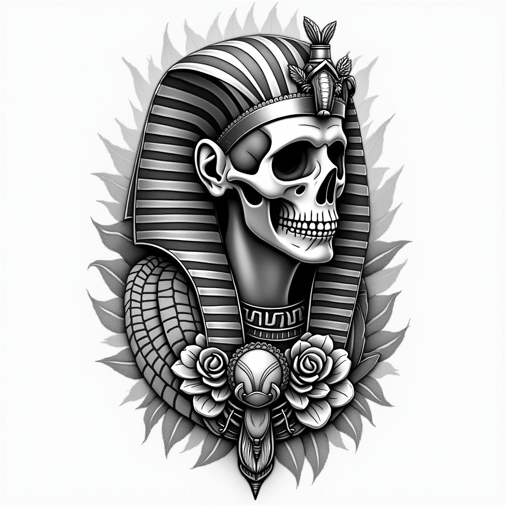 Music skull snake rosein egyptian style tattoo, bold elements of ancient egyptian culture including a portrait of an Egyptian pharaoh with detailed facial features, in hieroglyphs and symbolic imagery, eye of horus, ankh symbol, scarab beetle